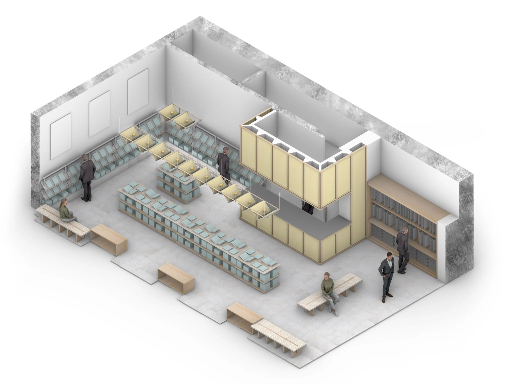 Axonometric overview of the Steidl bookstore showing circulation and furniture distribution