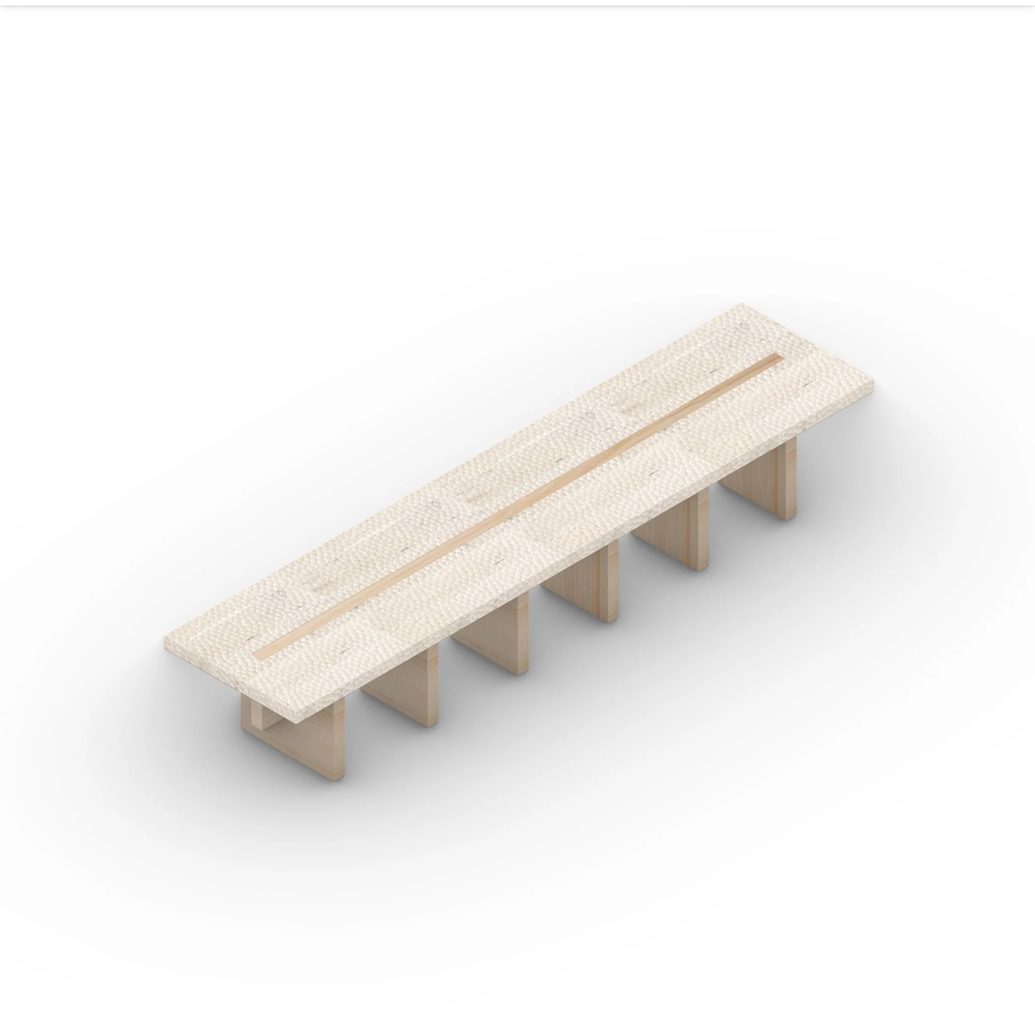 Axonometric study of the timber and textured-surface bench
