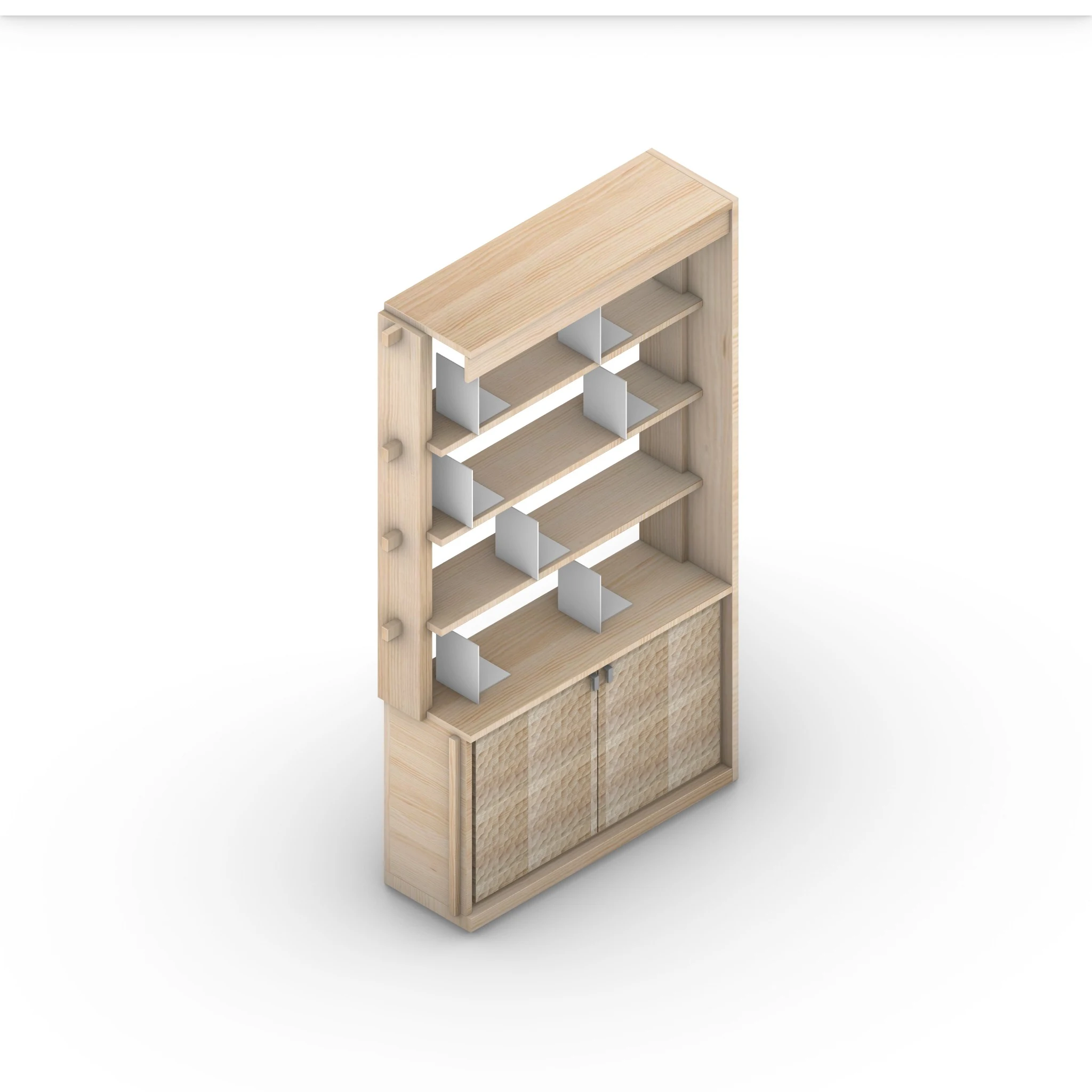 Axonometric study of the bookcase and lower storage unit