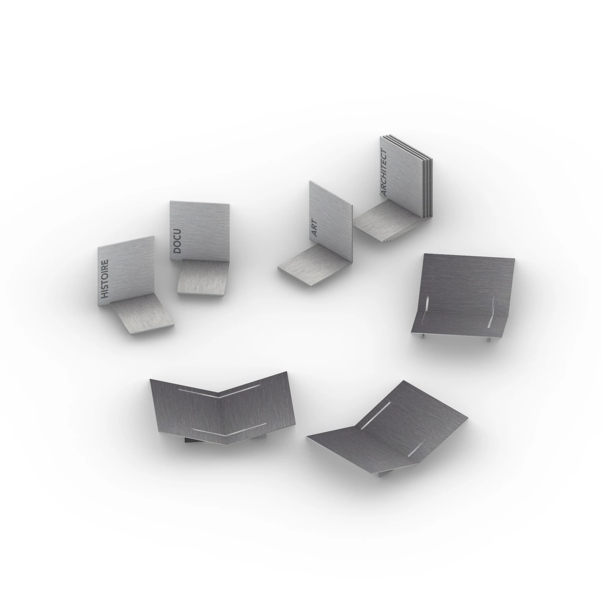 Axonometric study of the folded metal book display stands