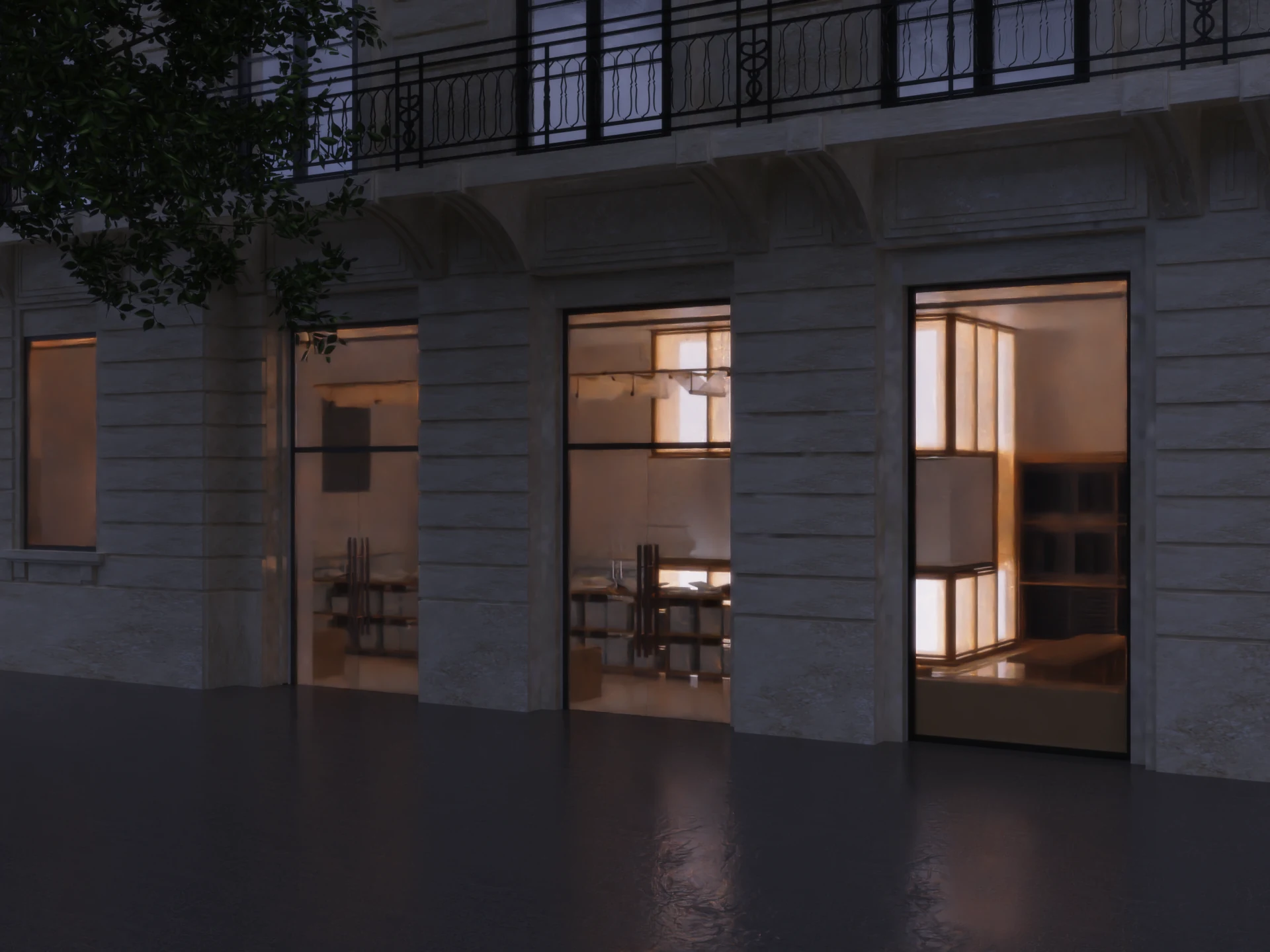 Night view of the Steidl bookstore with the glowing interior visible from the street