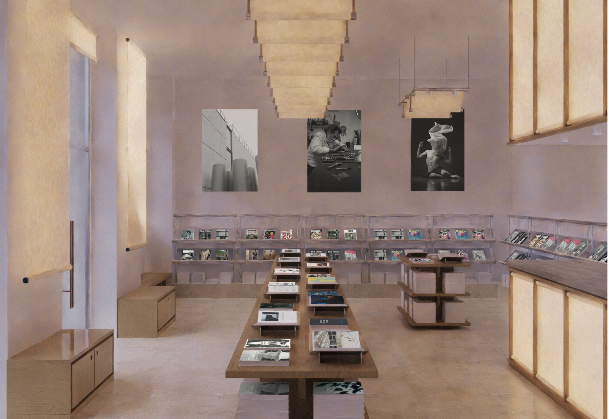 Frontal interior view of Paper Glow with the central display table and wall shelving