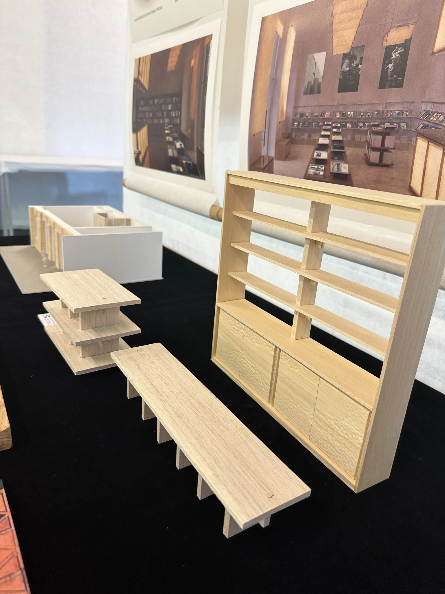 Close view of the physical shelving and bench models